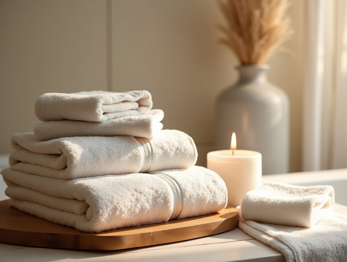 Rolled cotton towels and a candle on a treatment table